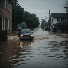 Floodwaters surge across downtown area after heavy rainfall, creating major property and infrastructure damage