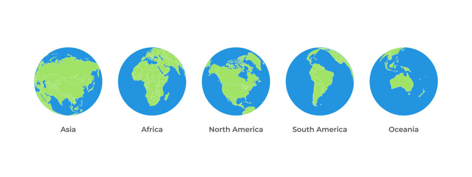 Earth map globe icon set with five continents vector. continents front facing green and blue color asia, africa, north america, south america, oceania.