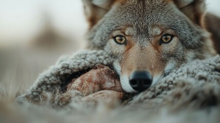 Fototapeta premium This coyote is seated in the grass, attentively guarding its prey. With an aware expression, the coyote blends into its surroundings, exhibiting a scene of raw nature.