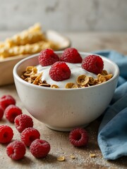 Bowl of cereal topped with raspberries and yogurt in a bright kitchen.