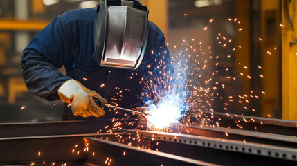 A steelworker welding metal parts with sparks around. Worker working in a steel factory.