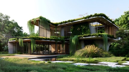 Obraz premium Modern sustainable house blending seamlessly with natural surroundings. A lush green roof and walls, overgrown with vegetation, creates a harmonious connection with nature.