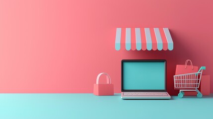 Laptop, shopping cart, and padlock on colorful background