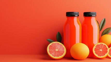 Juicy oranges with bottles of fresh orange juice.