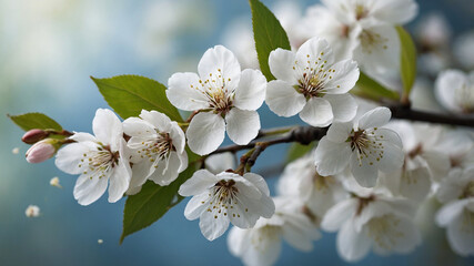 Fototapeta premium Beautiful white cherry blossom flowers with green leaves on a branch with soft blue background.