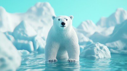 Polar bear standing in water among icebergs, white isolate background