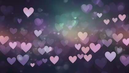 Abstract dark gradient background with hearts shape bokeh. Red hearts, sparkling glitter bokeh background, valentines Day abstract defocused. 