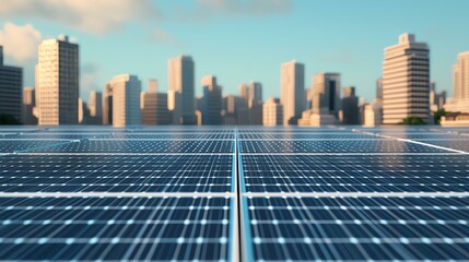 Solar panels on rooftops with a city skyline in the background.