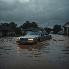 Heavy rainfall causes catastrophic flooding in urban areas with streets and buildings submerged