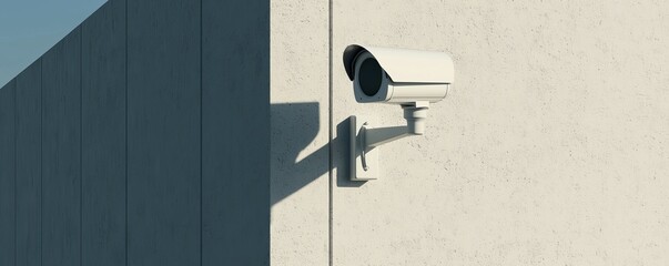 Surveillance camera mounted on a modern wall, white isolated background.