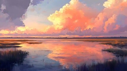 A painting of the sunset over a marsh, with pink and orange clouds in the sky