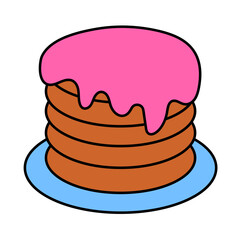 Pancakes with pink cream on plate. Sweetness dessert. Hand drawn food icon isolated on white background. Element for the menu of cafes and restaurants. Vector flat illustration.