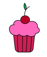 Cupcake with cream and cherry berry. Sweetness dessert. Hand drawn food icons isolated on white background. Elements for the menu of cafes and restaurants. Vector Flat Illustration.