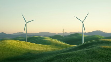 Fototapeta premium Wind turbines on rolling hills during sunrise, green landscape