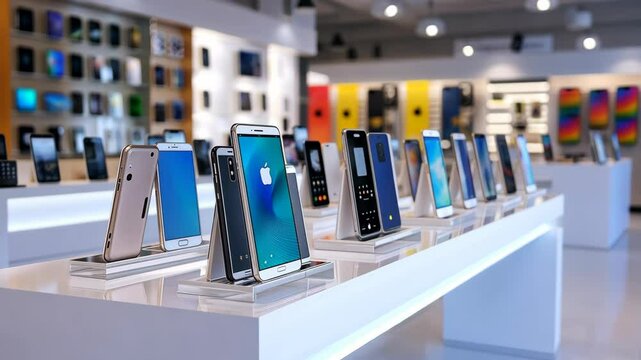 A row of smartphones is displayed on a white table in an electronics store