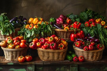 A Rustic Still Life with Tomatoes, Peppers, and Eggplants