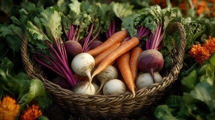 A quaint arrangement of farm-fresh carrots, beets, and turnips in a rustic woven basket surrounded by garden greens. Perfect for showcasing natural produce and healthy living.