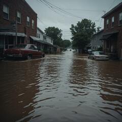 Heavy rainfall floods urban areas, turning streets into channels of water and causing major damage
