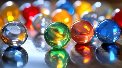 Closeup of assorted colorful glass marbles in various hues such as blue green red and yellow scattered across a smooth surface and reflecting light