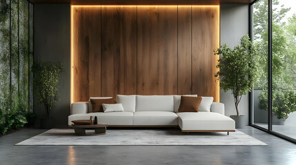 Modern Living Room with White Sectional Sofa and Wood Wall