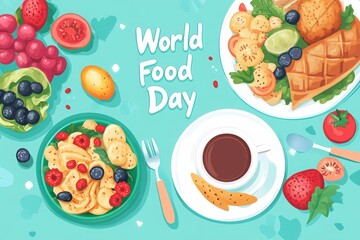 World Food Day poster or banner design on a white background. Top view of delicious breakfast dishes and flying eggs, bacon, cheese slices, tomato pieces