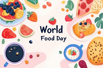 World Food Day poster or banner design on a white background. Top view of delicious breakfast dishes and flying eggs, bacon, cheese slices, tomato pieces