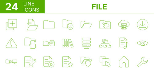Collection of 24 File line icons featuring editable strokes. These outline icons depict various modes of file, symbols, data, saving, global view, 