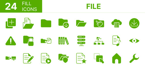 Collection of 24 File fill icons featuring editable strokes. These outline icons depict various modes of file, symbols, data, saving, global view, 