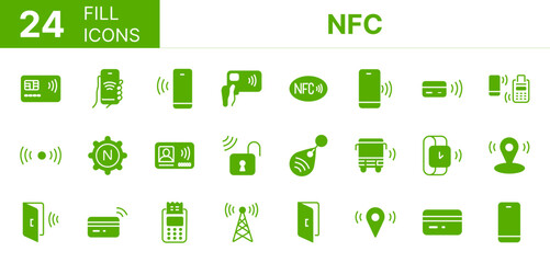 Collection of 24 NFC fill icons featuring editable strokes. These outline icons depict various modes of NFC, cards, phones, payments, POS, credit,