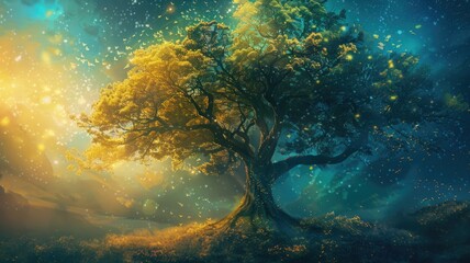 Obraz premium dream with large, magical tree with vibrant autumn leaves in a glowing forest.