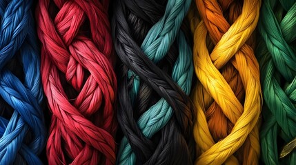 Vibrant Textured Fibers Intertwined in Intricate Woven Pattern   Close up Photograph of Delicate Black White Green Blue Gold and Red Fibers Creating a Design