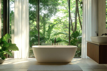 Fototapeta premium A serene bathroom with an elegant freestanding bathtub, large windows showcasing lush greenery outside, and a modern wooden vanity