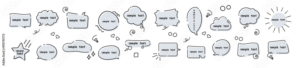 Poster Set of hand drawn speech bubbles and text. Frame, doodle, speech bubble, handwriting. Cloud textbox set. Speech bubbles in doodle minimalist style.