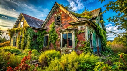 Fototapeta premium Abandoned and Unsafe House with Broken Windows and Overgrown Vegetation in a Forgotten Neighborhood
