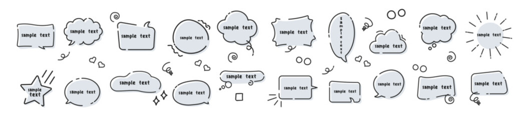 Set of hand drawn speech bubbles and text. Frame, doodle, speech bubble, handwriting. Cloud textbox set. Speech bubbles in doodle minimalist style.