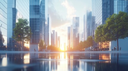 Modern business district with reflective glass towers and a bustling urban landscape under the morning sun