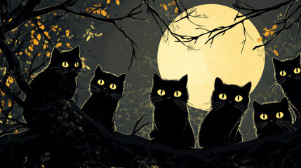 A captivating illustration of black cats perched on branches under a glowing full moon, creating an eerie and mystical atmosphere in a serene night landscape
