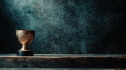 This image depicts an antique rustic bronze cup resting on a wooden ledge, set against a dark, textured background, emanating a sense of history and tradition.