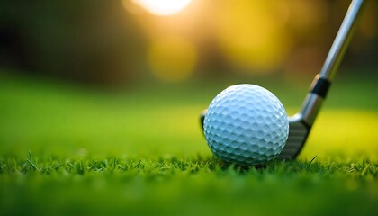 golf ball and golf stick on a green grass field with a blurred background of bokeh lights created with generative ai