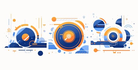 Obraz premium Trio of framed art prints featuring abstract designs with blue and yellow shapes, orange circles, and geometric lines on a white background