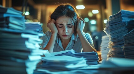 A woman surrounded by stacks of papers, feeling stressed in a busy work environment