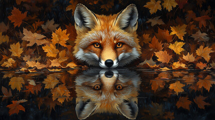 Fototapeta premium Fox Reflected in Water Surrounded by Autumn Leaves