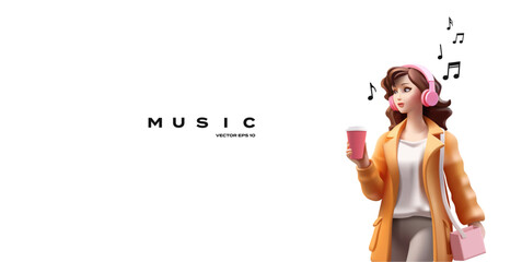 The girl listens to music in headphones, 3D. A young stylish girl with a coffee in her hand is listening to her favorite tracks. Banner for lifestyle, recreation, and leisure concepts. Vector illustra
