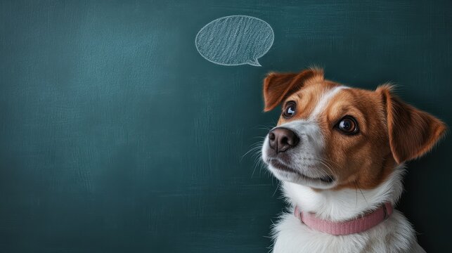 A thoughtful dog sits with a speech bubble drawn on a blackboard above its head, evocative of contemplation or communication, blending whimsy with intelligence.