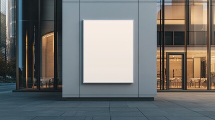 A minimalist white paper poster mockup hanging on a restaurant outdoor wall, set against the building sleek architecture, perfect for branding, advertising, or business promotions.
