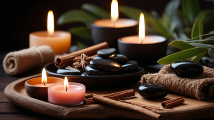 Serene setup with candles, stones, cinnamon sticks, and greenery creating a relaxing ambiance.
