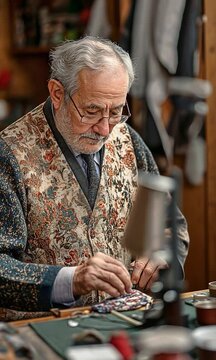 In a tailoring studio, an old couture and a skilled helper