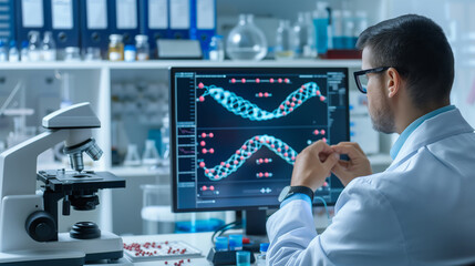 Scientist analyzing DNA strands on a digital screen with visible cancer cells, surrounded by lab equipment and medical charts, focusing on cancer research complexity.