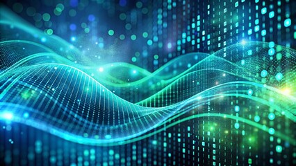 Abstract image featuring blue and green tones. It is a digital binary code wave background. Abstract digital data background.