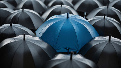 Blue umbrella on top of other black umbrellas. Business and safety concept, concept of business, ai generated